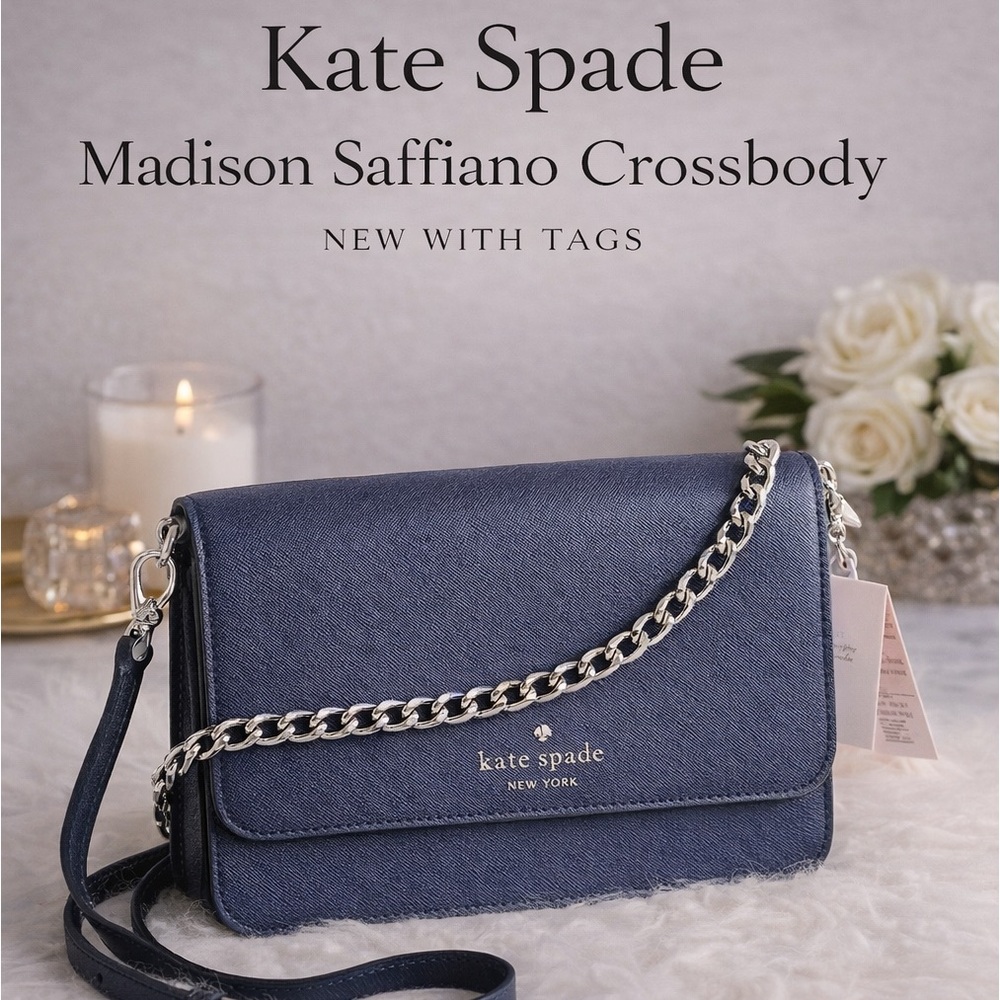 Kate Spade Madison Saffiano Leather Crossbody Navy Silver Chain NWT $349 Retail